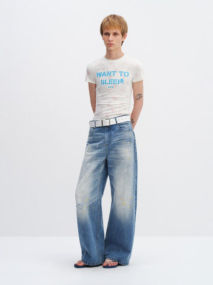 RUN TO THE FUTURE Washed Ripped Paint Splatter Loose Natural Waist Unisex Denim Wide-Leg Jeans