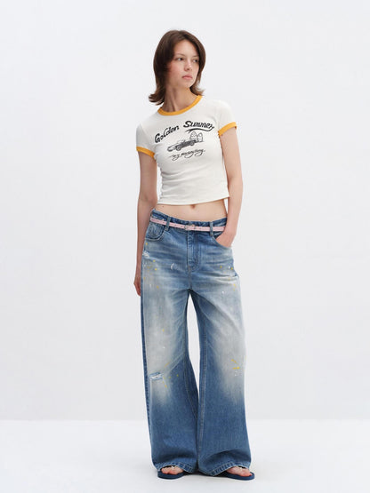 RUN TO THE FUTURE Washed Ripped Paint Splatter Loose Natural Waist Unisex Denim Wide-Leg Jeans