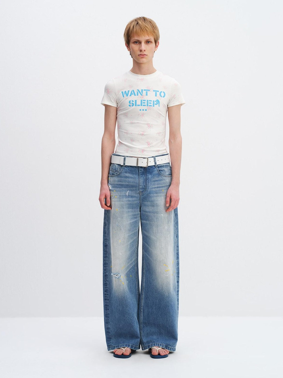 RUN TO THE FUTURE Washed Ripped Paint Splatter Loose Natural Waist Unisex Denim Wide-Leg Jeans