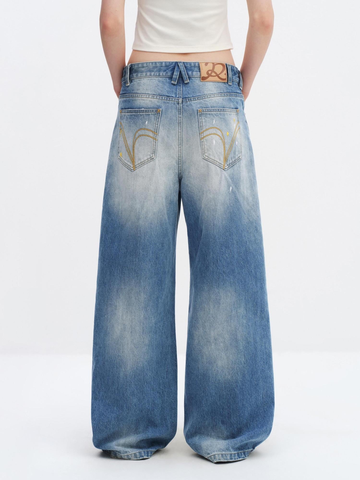 RUN TO THE FUTURE Washed Ripped Paint Splatter Loose Natural Waist Unisex Denim Wide-Leg Jeans