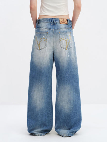 RUN TO THE FUTURE Washed Ripped Paint Splatter Loose Natural Waist Unisex Denim Wide-Leg Jeans