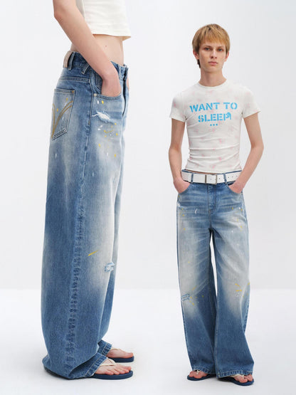 RUN TO THE FUTURE Washed Ripped Paint Splatter Loose Natural Waist Unisex Denim Wide-Leg Jeans