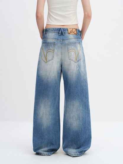 RUN TO THE FUTURE Washed Ripped Paint Splatter Loose Natural Waist Unisex Denim Wide-Leg Jeans