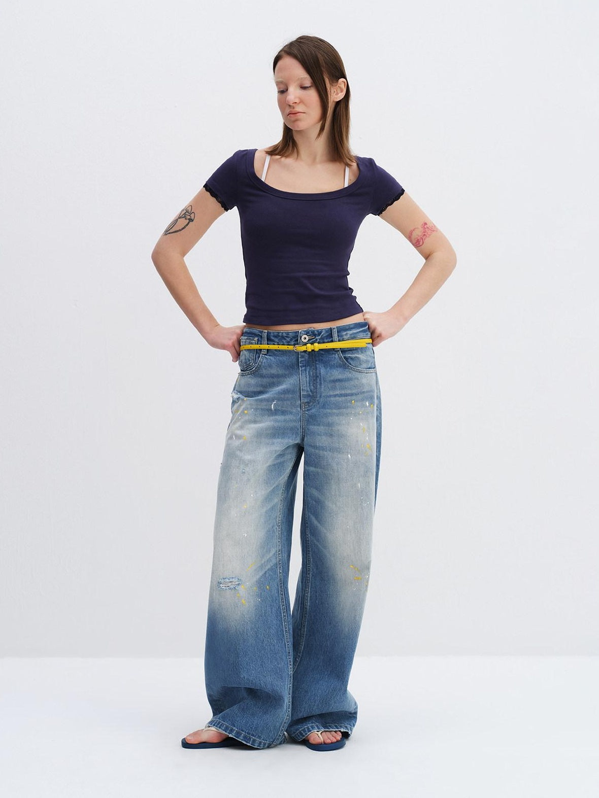 RUN TO THE FUTURE Washed Ripped Paint Splatter Loose Natural Waist Unisex Denim Wide-Leg Jeans