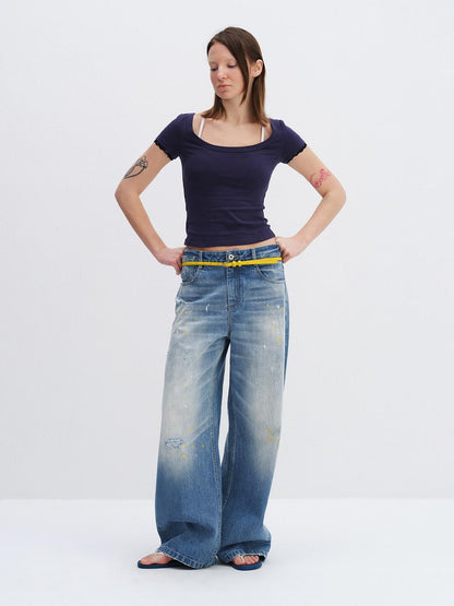 RUN TO THE FUTURE Washed Ripped Paint Splatter Loose Natural Waist Unisex Denim Wide-Leg Jeans