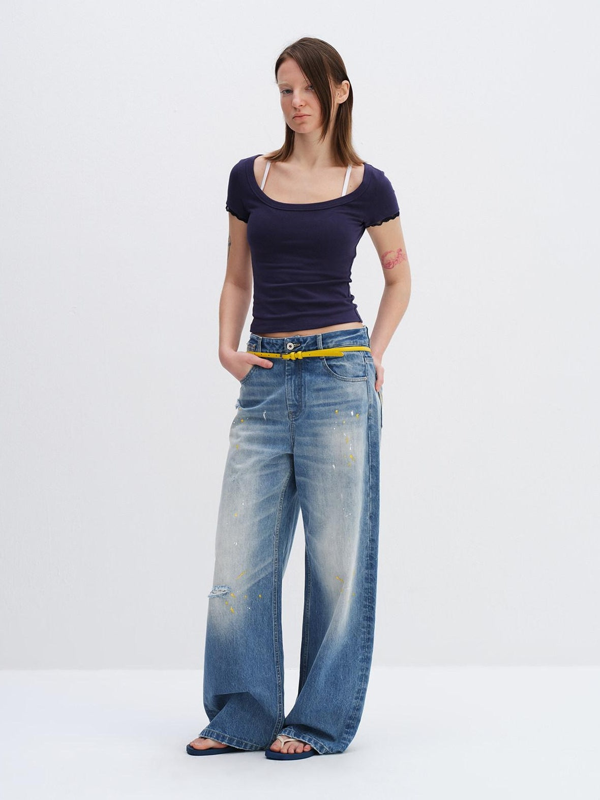RUN TO THE FUTURE Washed Ripped Paint Splatter Loose Natural Waist Unisex Denim Wide-Leg Jeans
