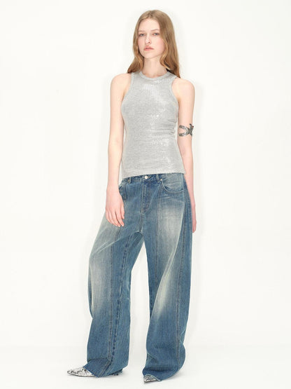 RUN TO THE FUTURE Washed Vintage Low Waist Boxy Silhouette Womens Denim Cotton Wide-Leg Jeans