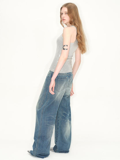 RUN TO THE FUTURE Washed Vintage Low Waist Boxy Silhouette Womens Denim Cotton Wide-Leg Jeans