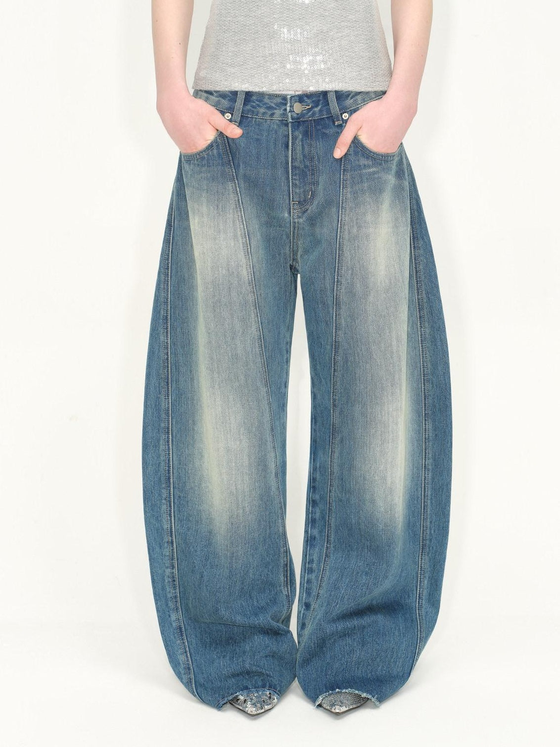 RUN TO THE FUTURE Washed Vintage Low Waist Boxy Silhouette Womens Denim Cotton Wide-Leg Jeans