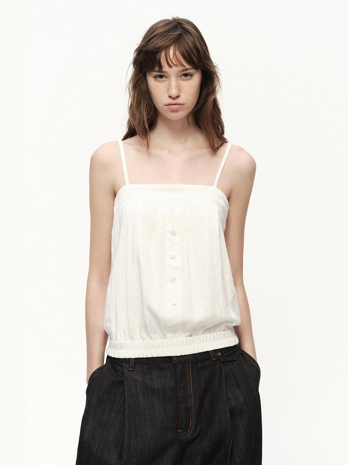 RUN TO THE FUTURE White Button Square Neck Elastic Hem Loose Women&