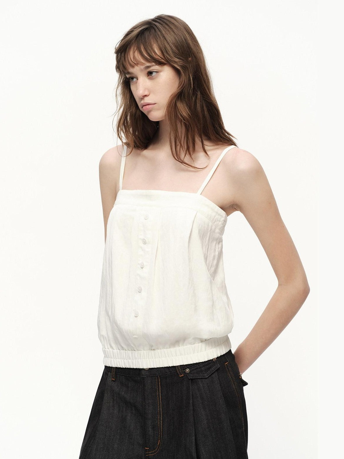 RUN TO THE FUTURE White Button Square Neck Elastic Hem Loose Women&