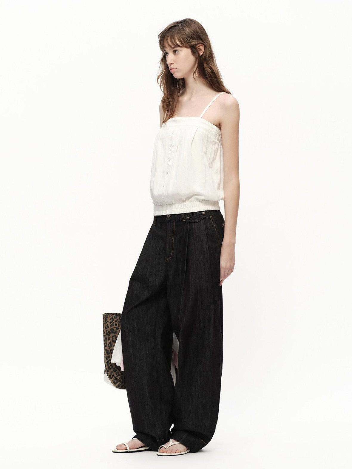 RUN TO THE FUTURE White Button Square Neck Elastic Hem Loose Women&