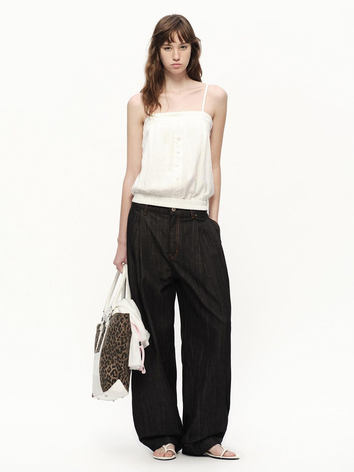 RUN TO THE FUTURE White Button Square Neck Elastic Hem Loose Women&
