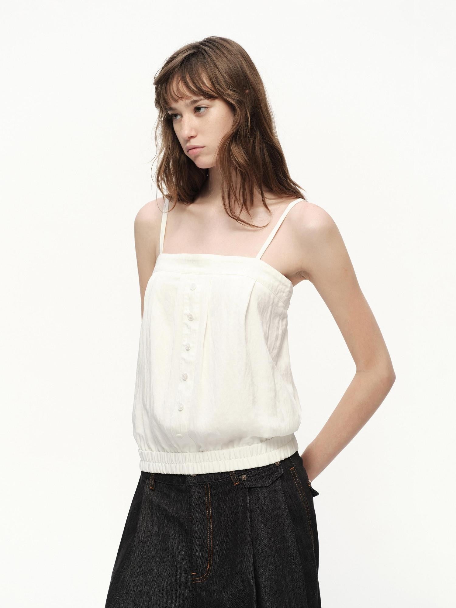 RUN TO THE FUTURE White Button Square Neck Elastic Hem Loose Women&