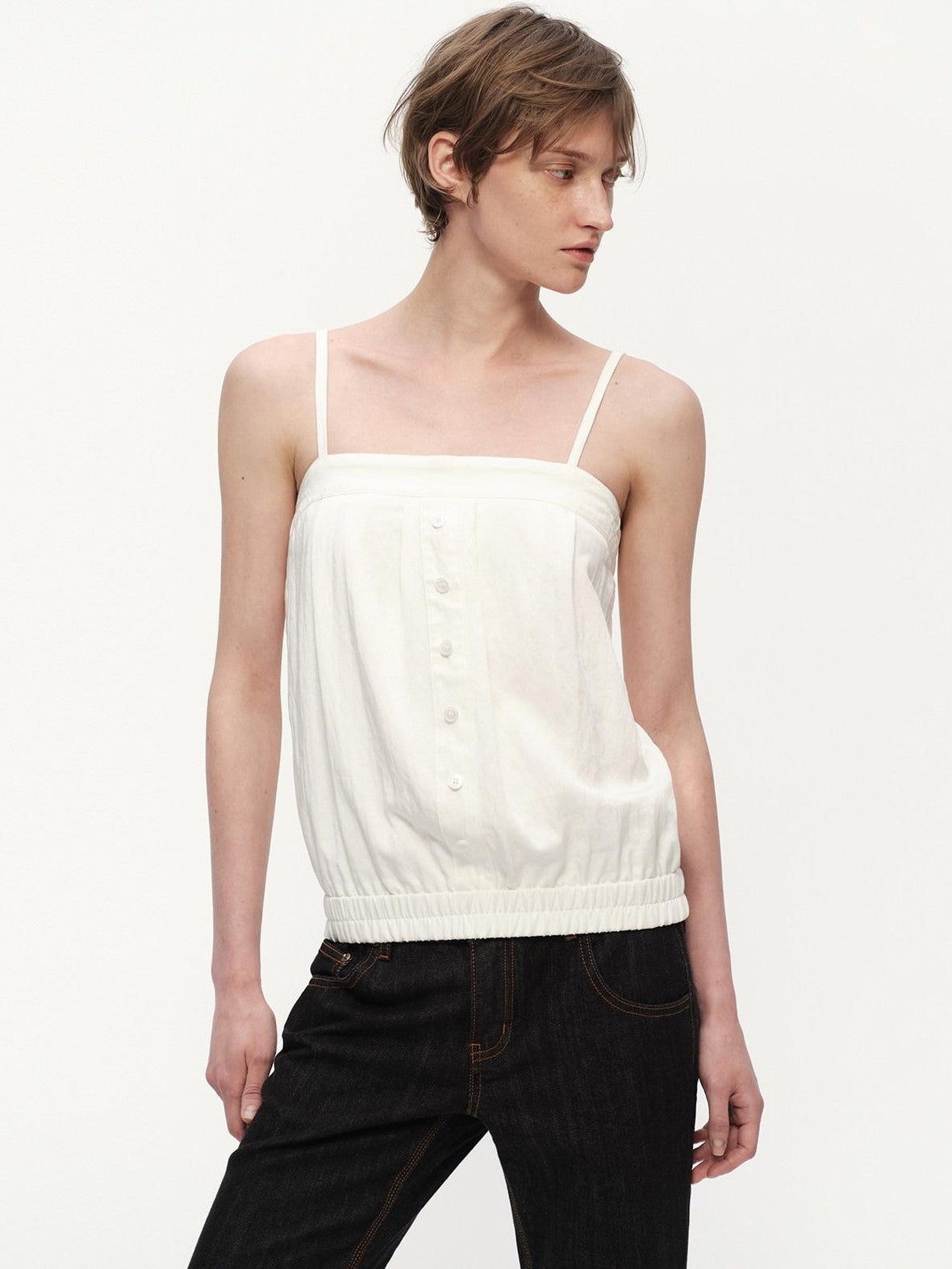 RUN TO THE FUTURE White Button Square Neck Elastic Hem Loose Women&