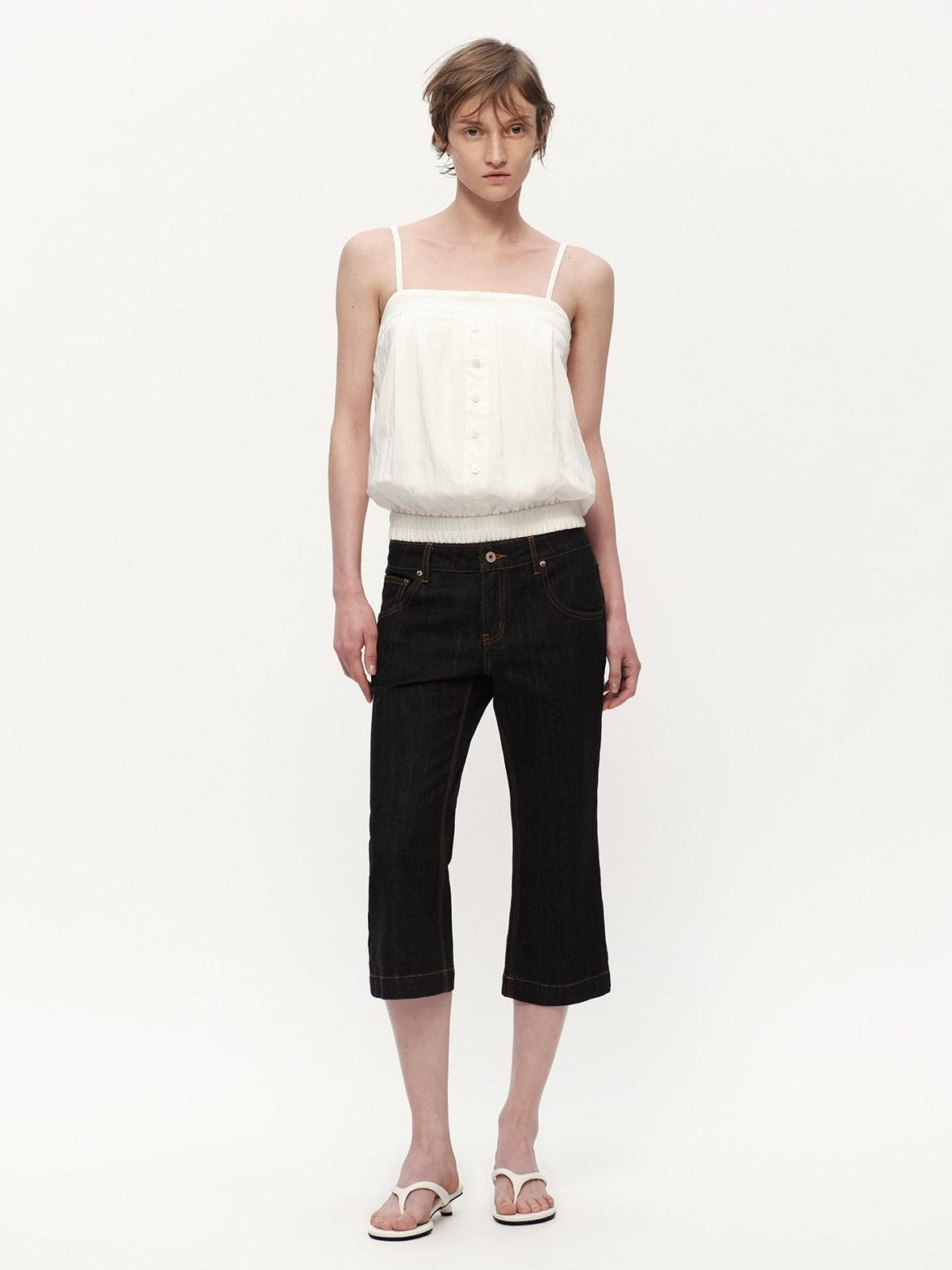 RUN TO THE FUTURE White Button Square Neck Elastic Hem Loose Women&