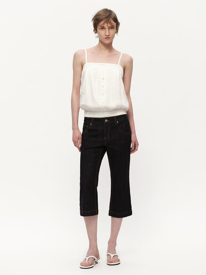 RUN TO THE FUTURE White Button Square Neck Elastic Hem Loose Women&