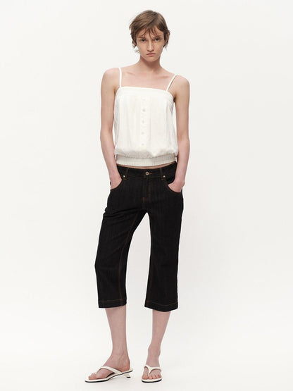 RUN TO THE FUTURE White Button Square Neck Elastic Hem Loose Women&