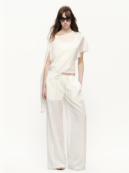 RUN TO THE FUTURE White Drawstring Mid Rise Straight Relaxed Women&