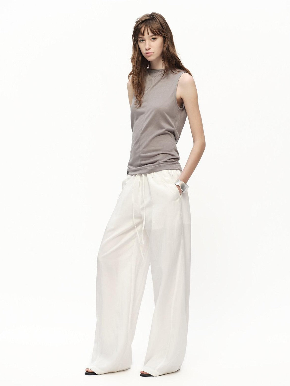 RUN TO THE FUTURE White Drawstring Mid Rise Straight Relaxed Women&