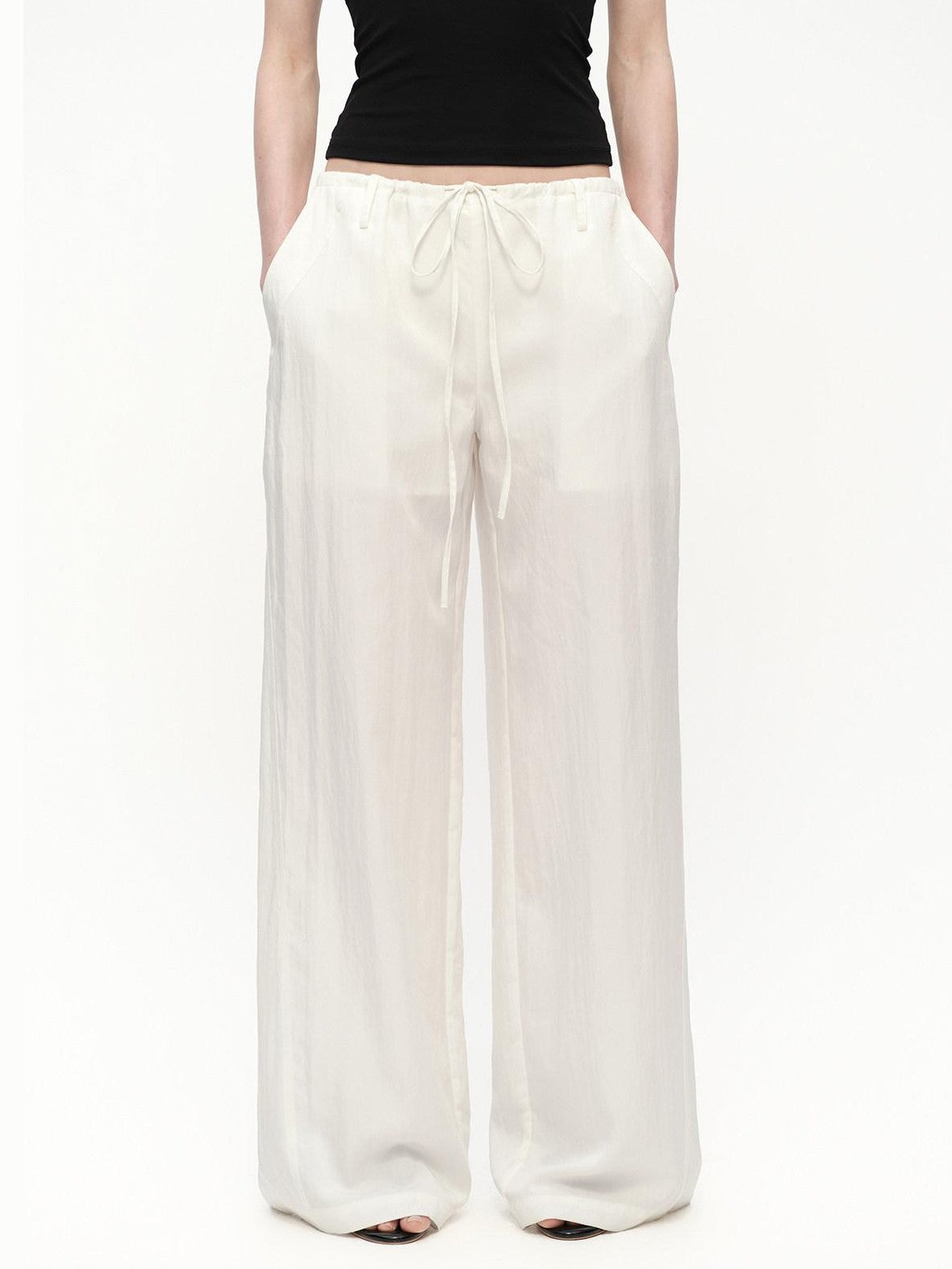 RUN TO THE FUTURE White Drawstring Mid Rise Straight Relaxed Women&