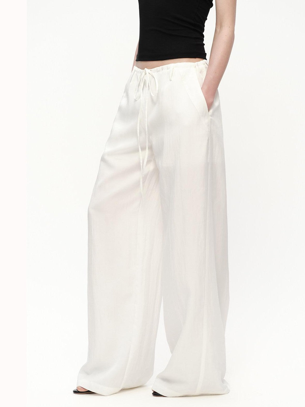 RUN TO THE FUTURE White Drawstring Mid Rise Straight Relaxed Women&