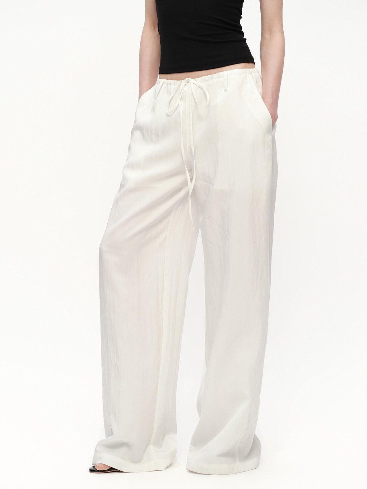 RUN TO THE FUTURE White Drawstring Mid Rise Straight Relaxed Women&