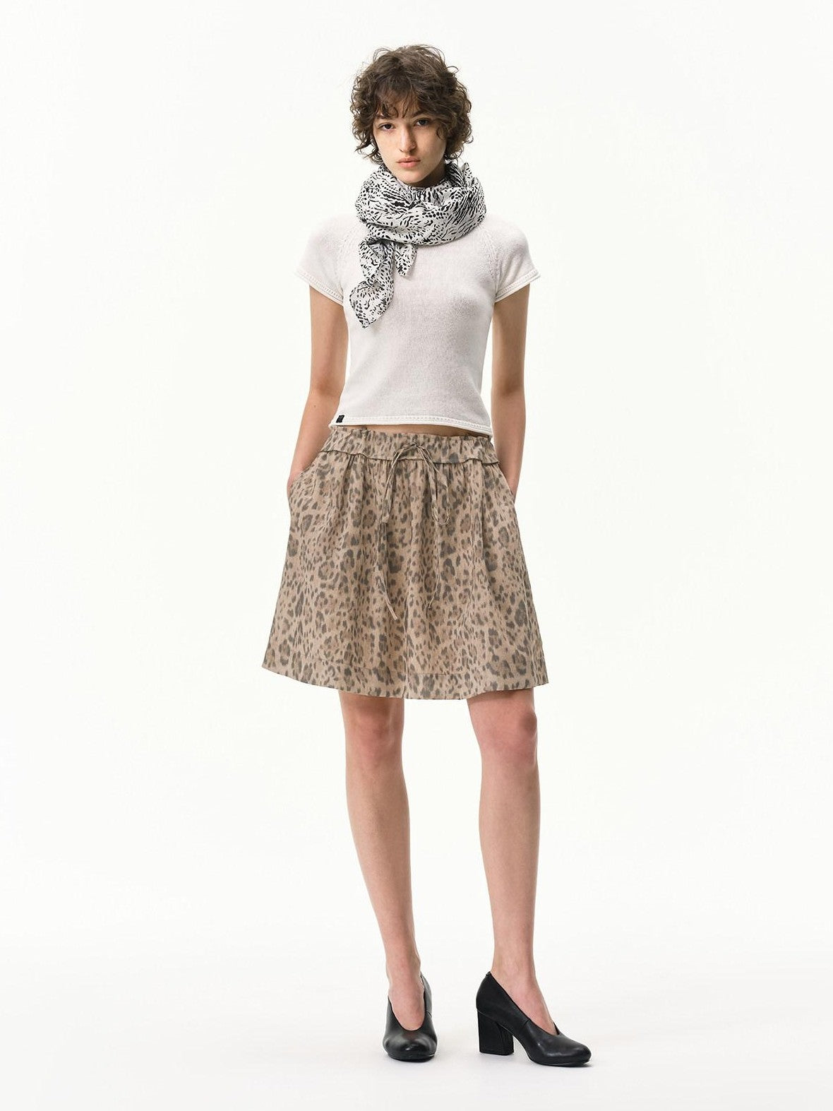 RUN TO THE FUTURE White Leopard Print Ruched Drawstring Tie Women&