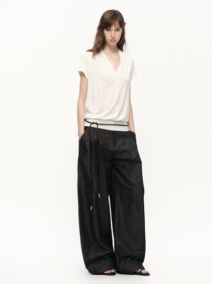 RUN TO THE FUTURE White V-neck Ruched Hem Women&