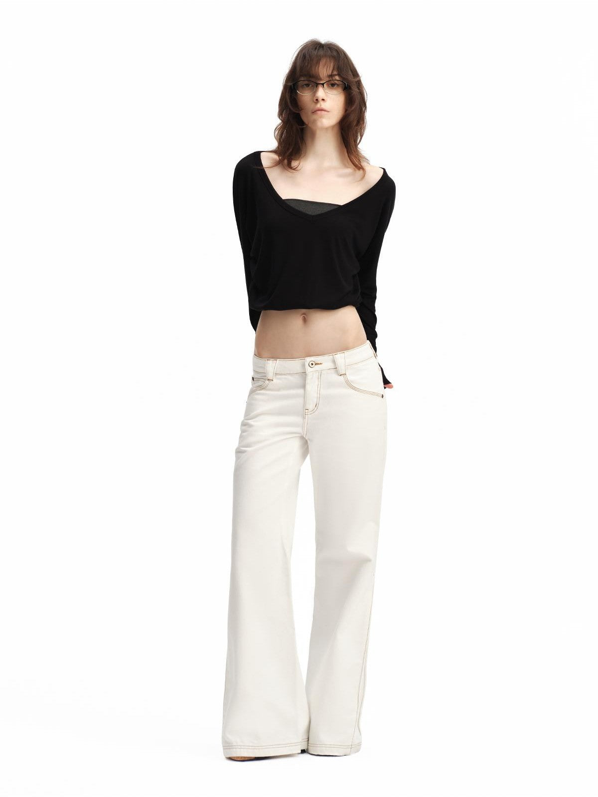 RUN TO THE FUTURE White Vintage Contrast Stitch Mid Low Waist Slim Women&