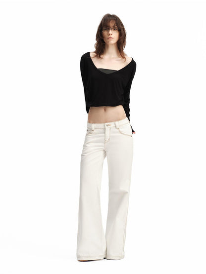 RUN TO THE FUTURE White Vintage Contrast Stitch Mid Low Waist Slim Women&