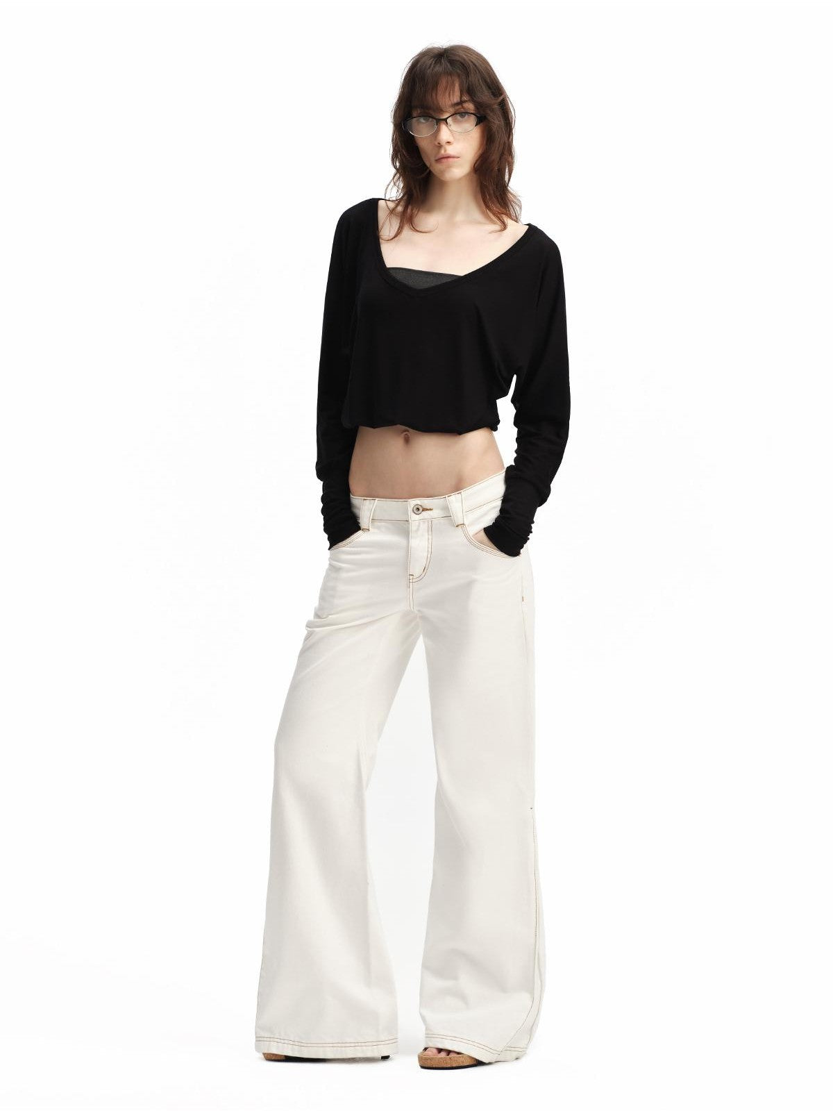 RUN TO THE FUTURE White Vintage Contrast Stitch Mid Low Waist Slim Women&
