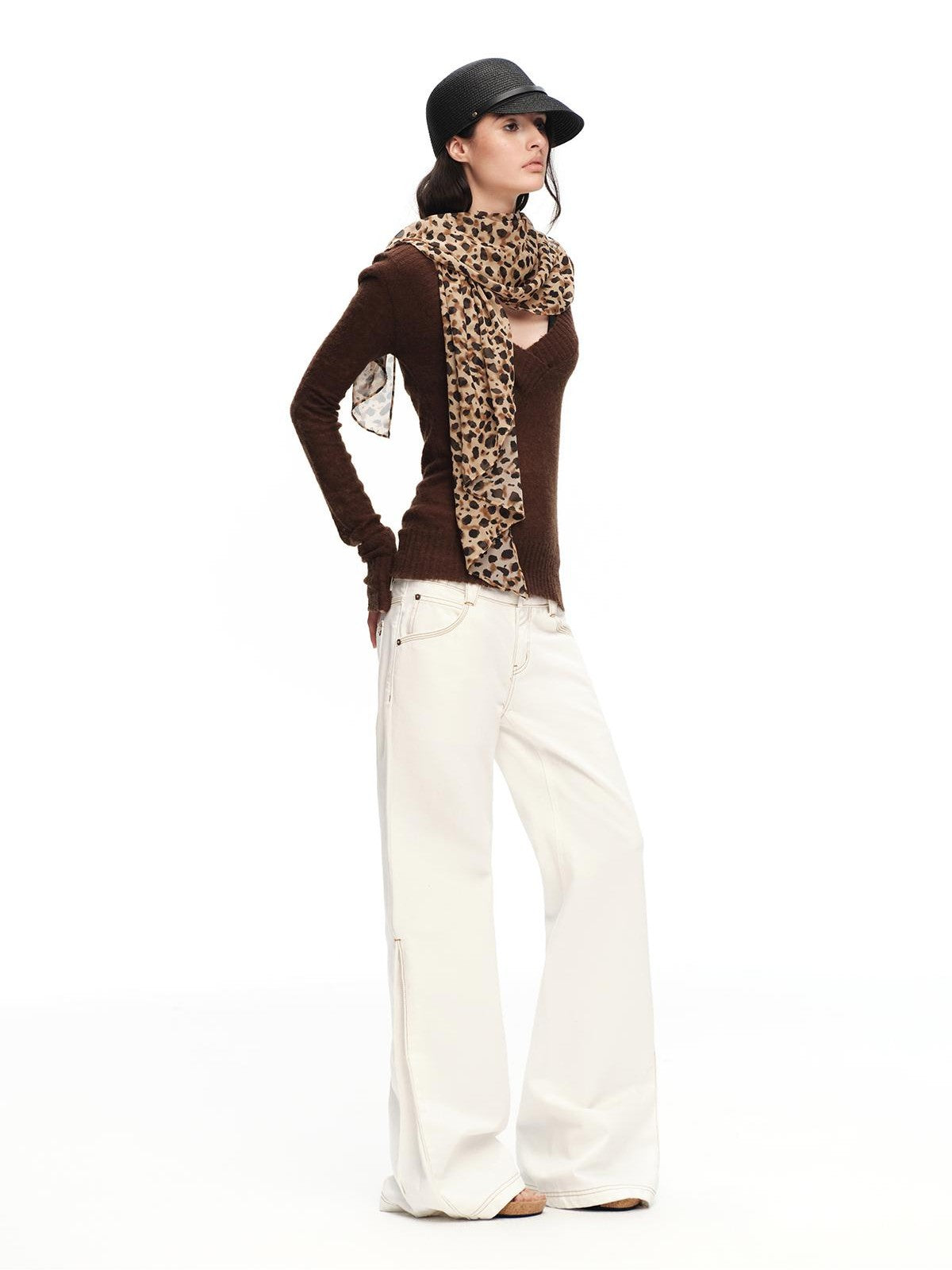 RUN TO THE FUTURE White Vintage Contrast Stitch Mid Low Waist Slim Women&