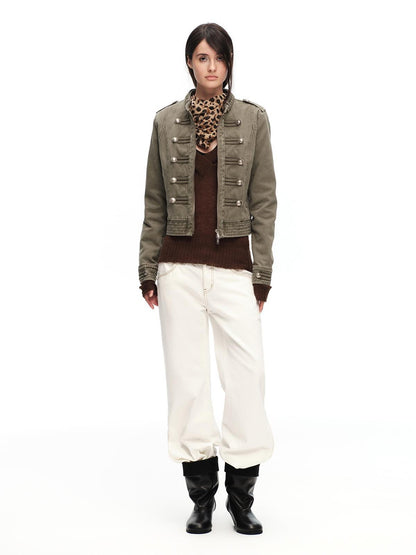 RUN TO THE FUTURE White Vintage Contrast Stitch Mid Low Waist Slim Women&
