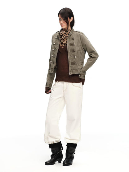 RUN TO THE FUTURE White Vintage Contrast Stitch Mid Low Waist Slim Women&
