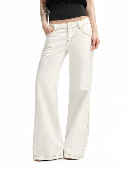 RUN TO THE FUTURE White Vintage Contrast Stitch Mid Low Waist Slim Women&