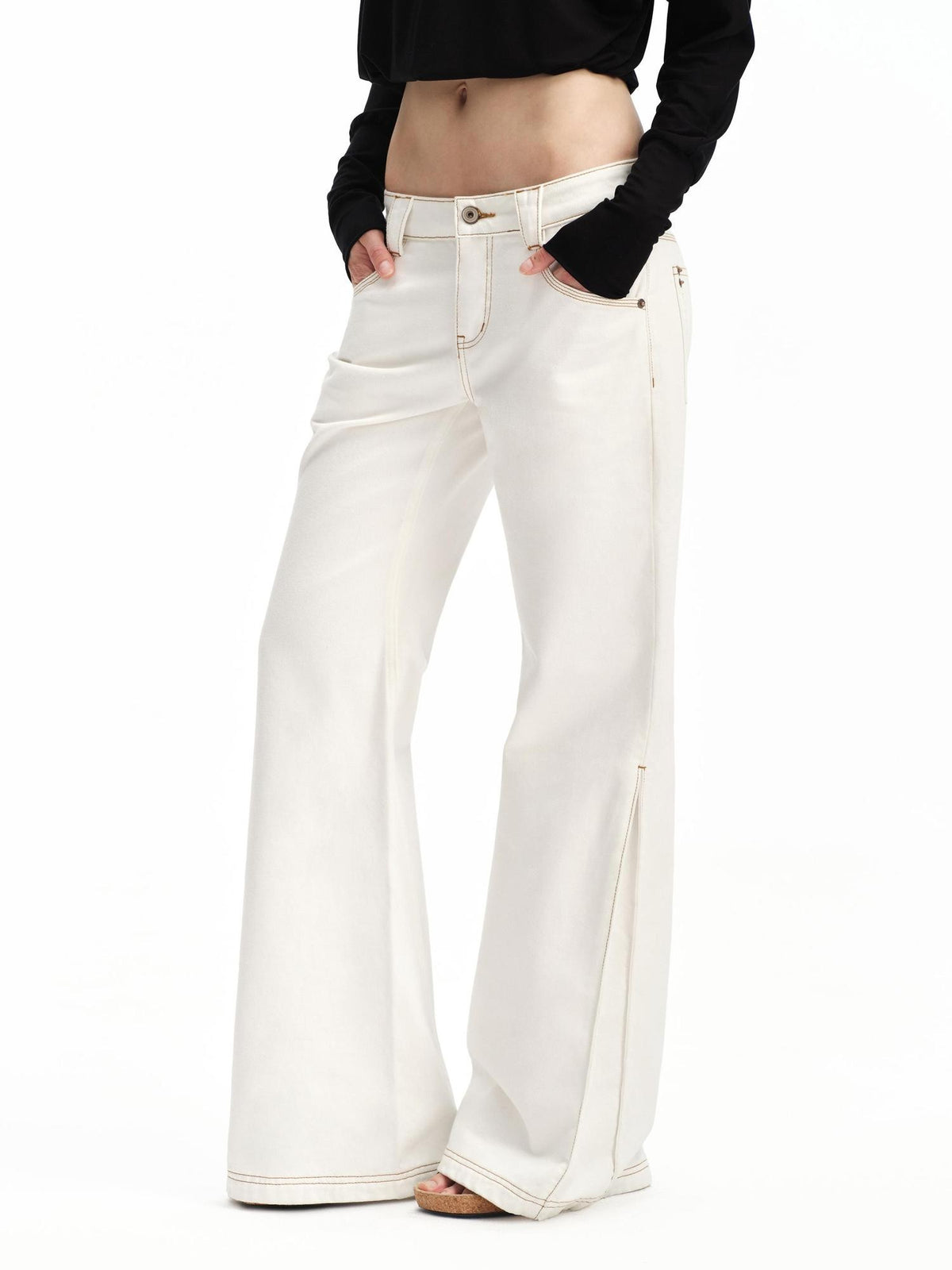 RUN TO THE FUTURE White Vintage Contrast Stitch Mid Low Waist Slim Women&