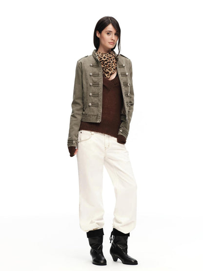 RUN TO THE FUTURE White Vintage Contrast Stitch Mid Low Waist Slim Women&