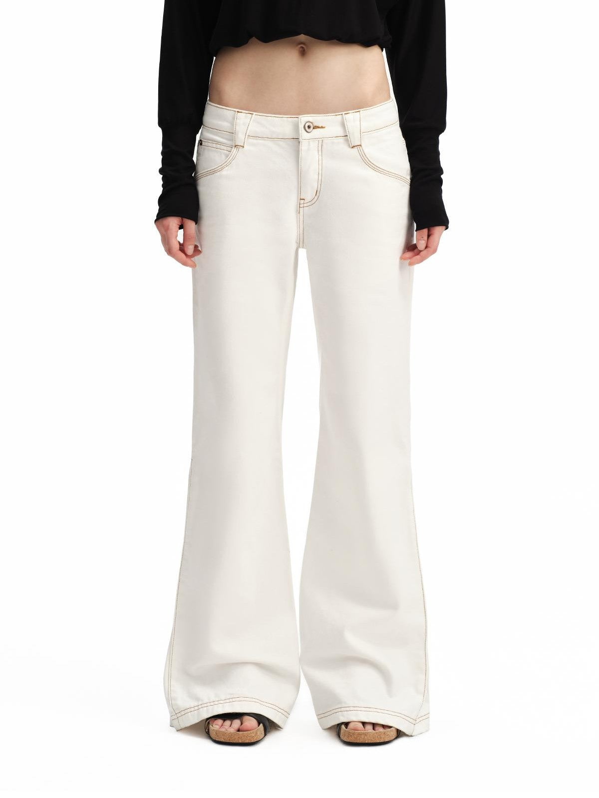 RUN TO THE FUTURE White Vintage Contrast Stitch Mid Low Waist Slim Women&