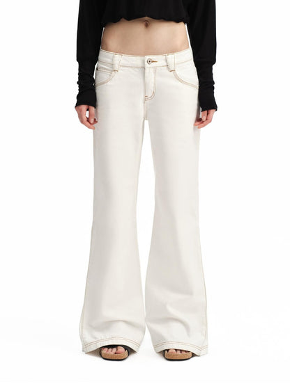 RUN TO THE FUTURE White Vintage Contrast Stitch Mid Low Waist Slim Women&
