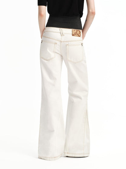 RUN TO THE FUTURE White Vintage Contrast Stitch Mid Low Waist Slim Women&