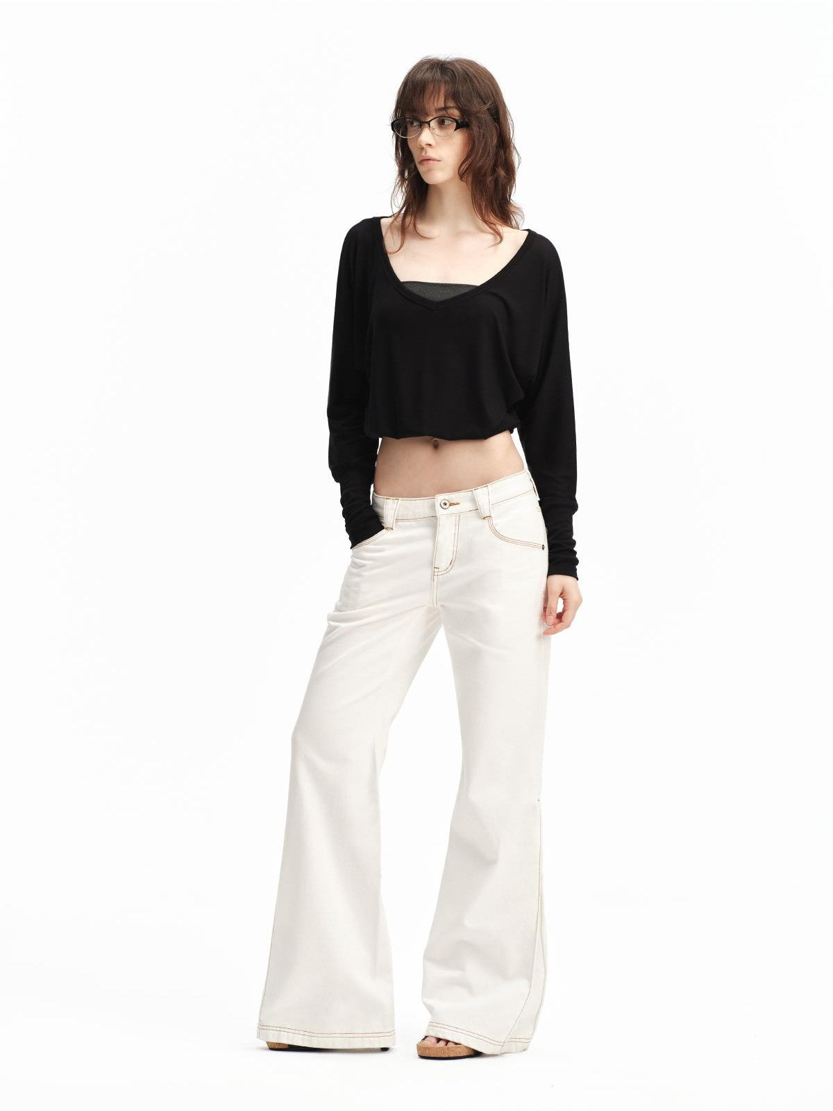 RUN TO THE FUTURE White Vintage Contrast Stitch Mid Low Waist Slim Women&