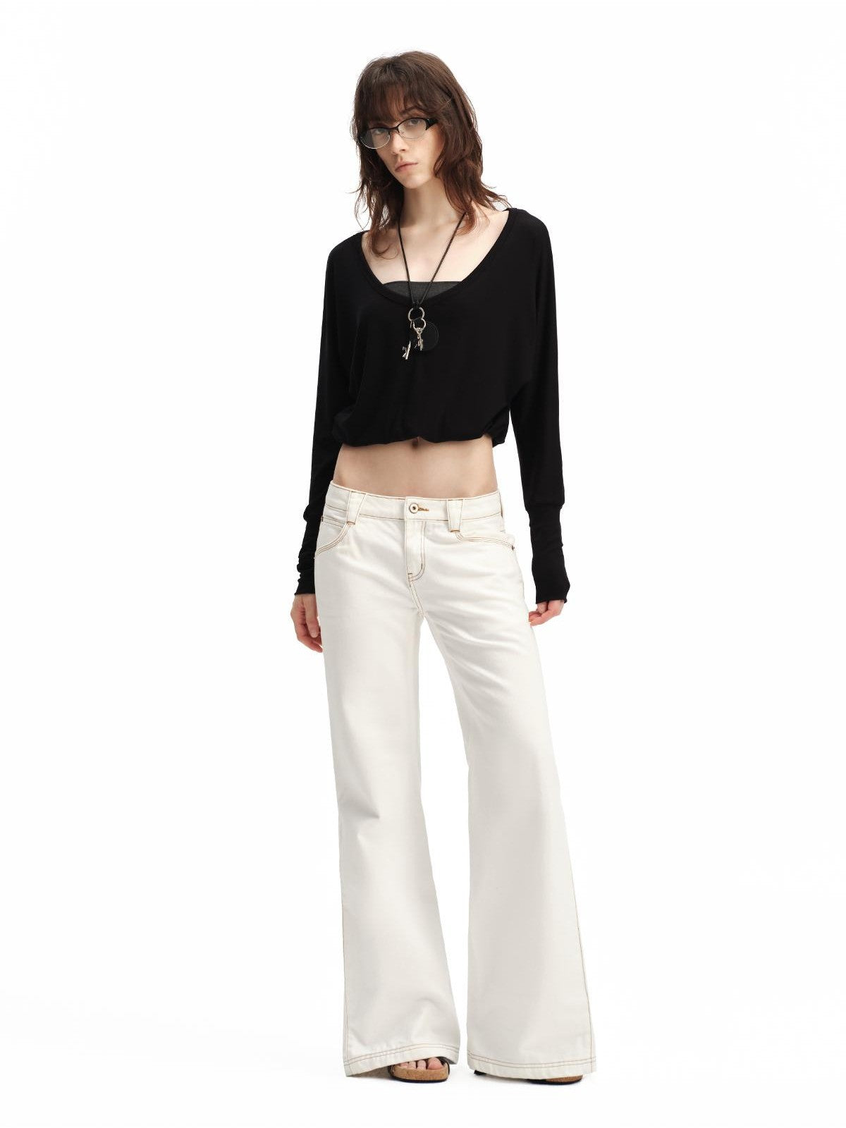 RUN TO THE FUTURE White Vintage Contrast Stitch Mid Low Waist Slim Women&