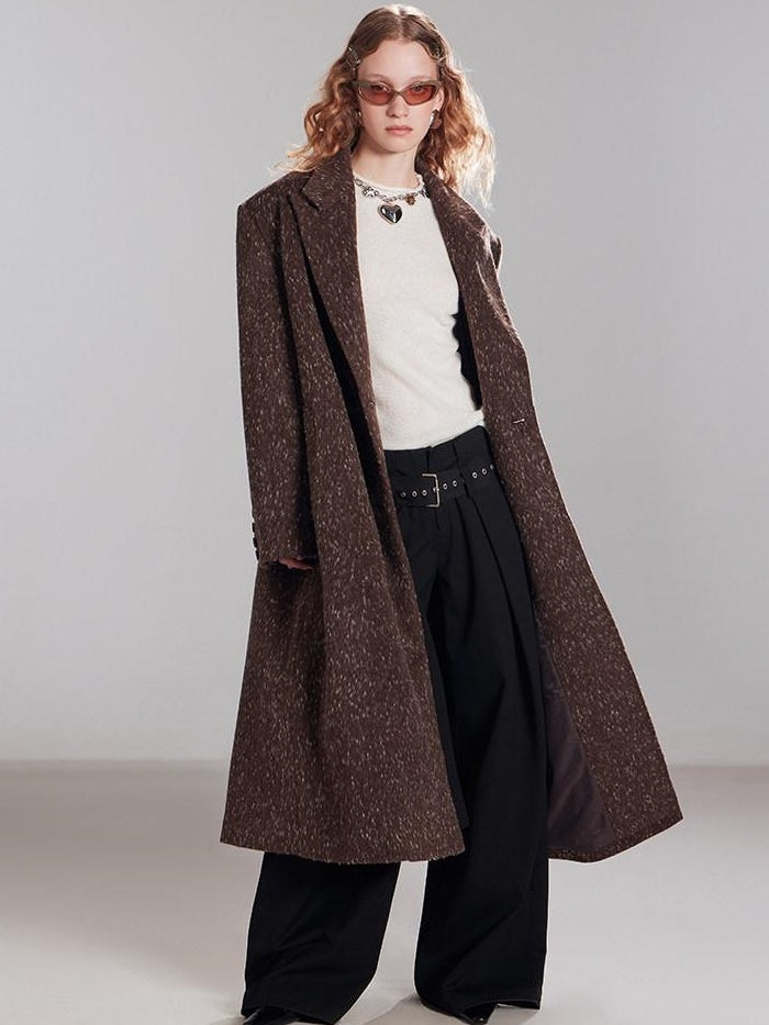 RUN TO THE FUTURE Wool Blend Long Straight Notch Lapel Toggle Commuter Brown Overcoats