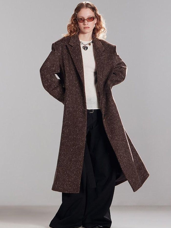 RUN TO THE FUTURE Wool Blend Long Straight Notch Lapel Toggle Commuter Brown Overcoats