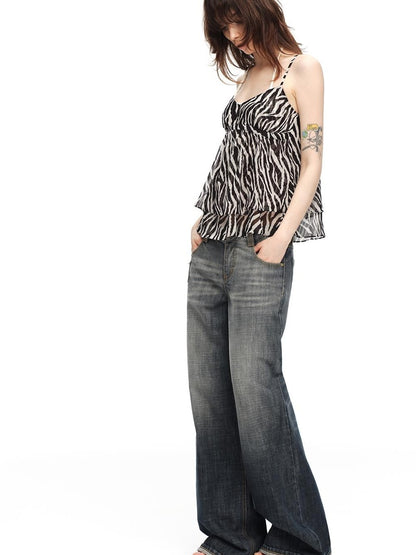 RUN TO THE FUTURE Zebra Print Sheer Chiffon V-neck Open Back Women&