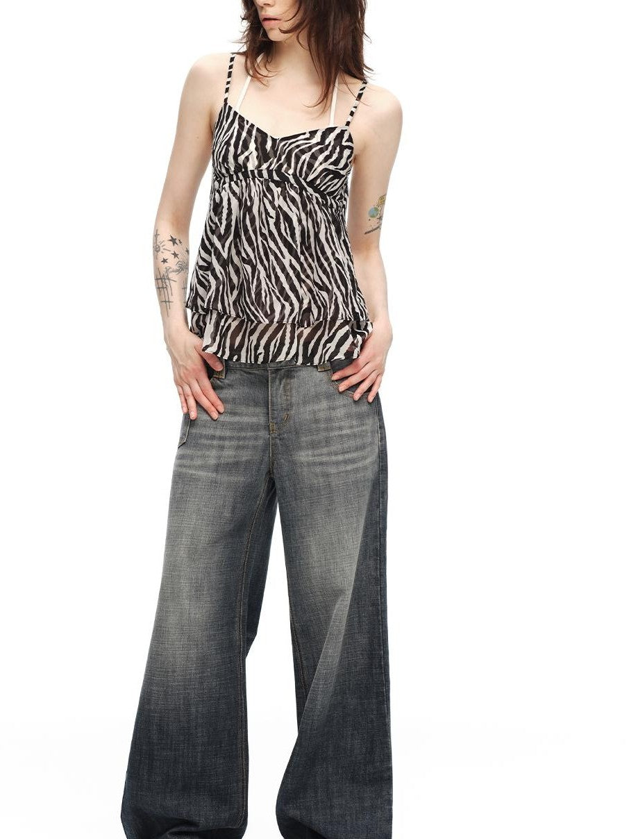 RUN TO THE FUTURE Zebra Print Sheer Chiffon V-neck Open Back Women&