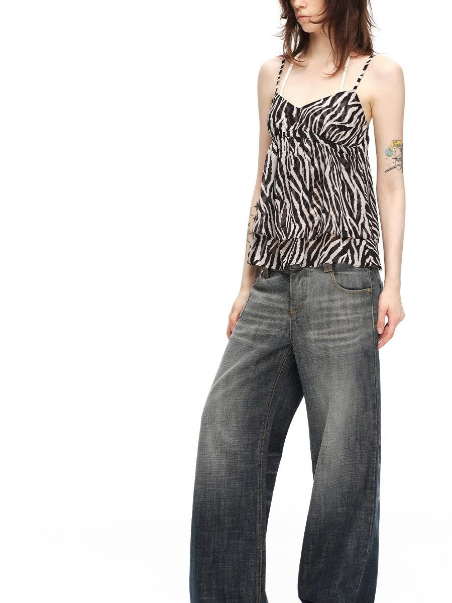 RUN TO THE FUTURE Zebra Print Sheer Chiffon V-neck Open Back Women&