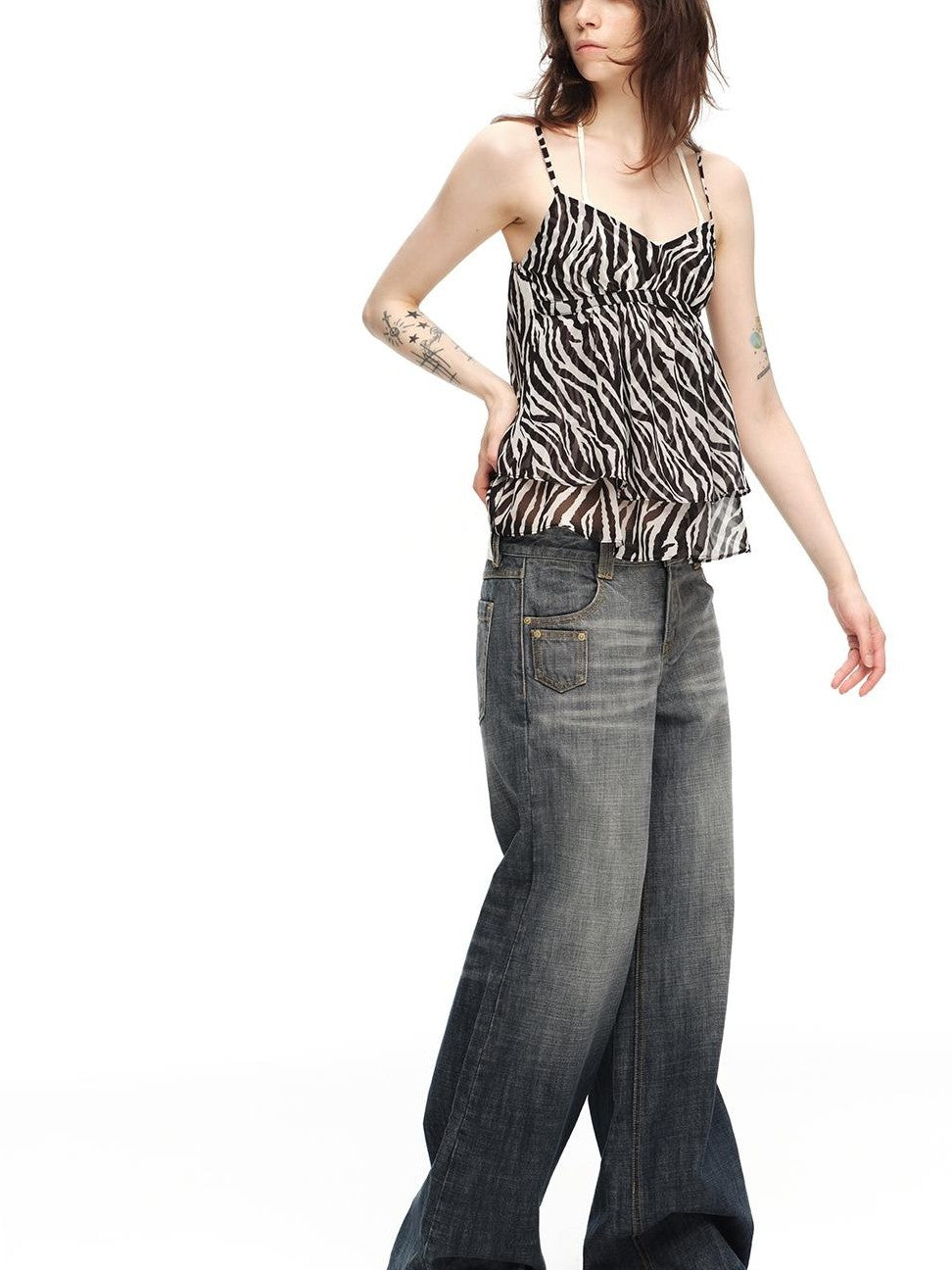 RUN TO THE FUTURE Zebra Print Sheer Chiffon V-neck Open Back Women&