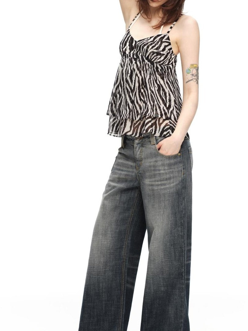 RUN TO THE FUTURE Zebra Print Sheer Chiffon V-neck Open Back Women&